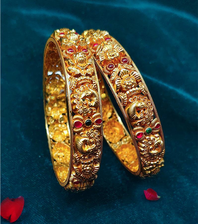 Elegant Peacock Gold Bangles with Green & Red Stones