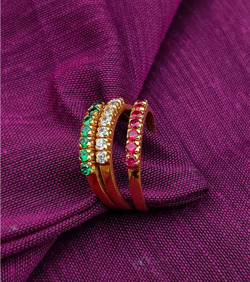 Handcrafted Gold Triple Rings with Colourful Stones