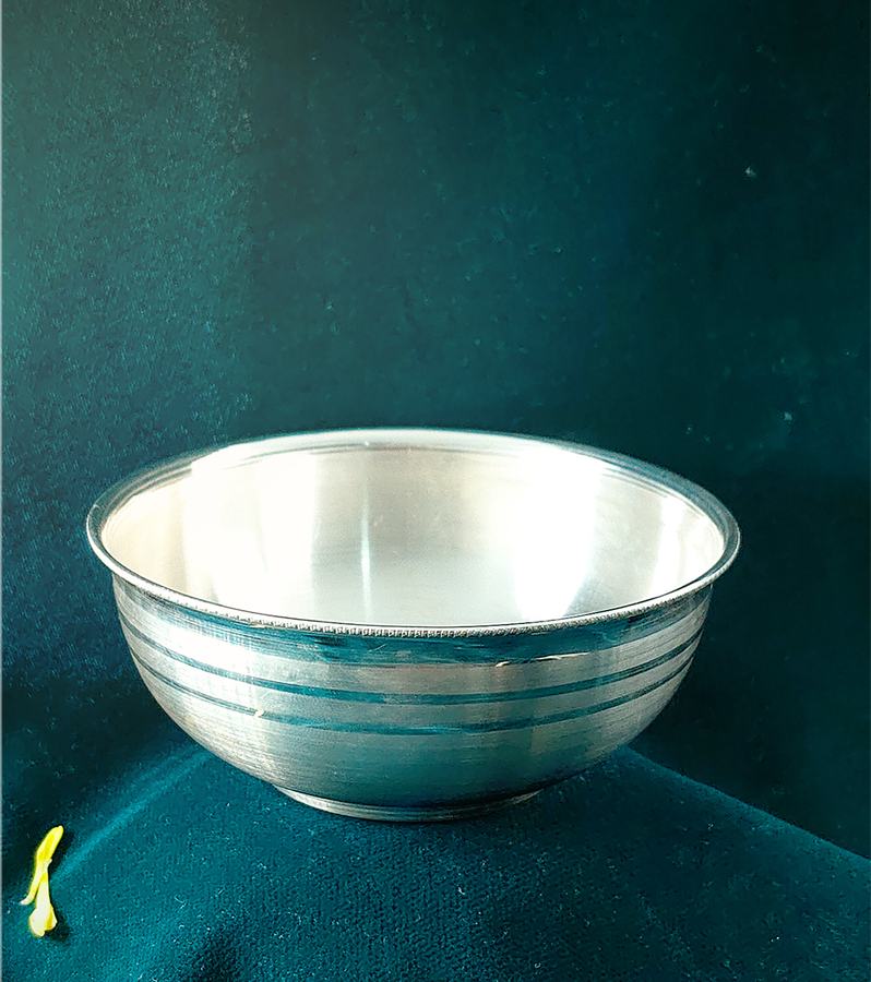 Ornate Silver Bowl with Etched Parallel Lines
