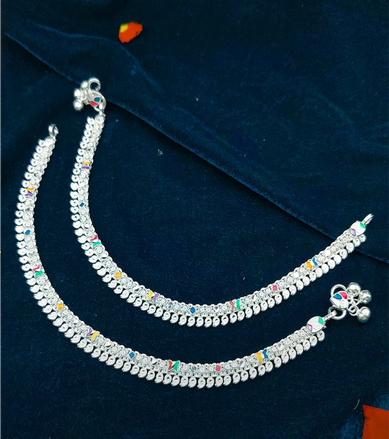 Ornate Silver Payal with Colourful Butterfly Design